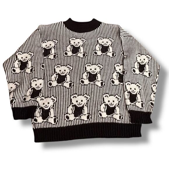 Vintage Sweaters - Vintage Adele Knitwear Black White Teddy Bear Sweater Pullover 90s Made in USA